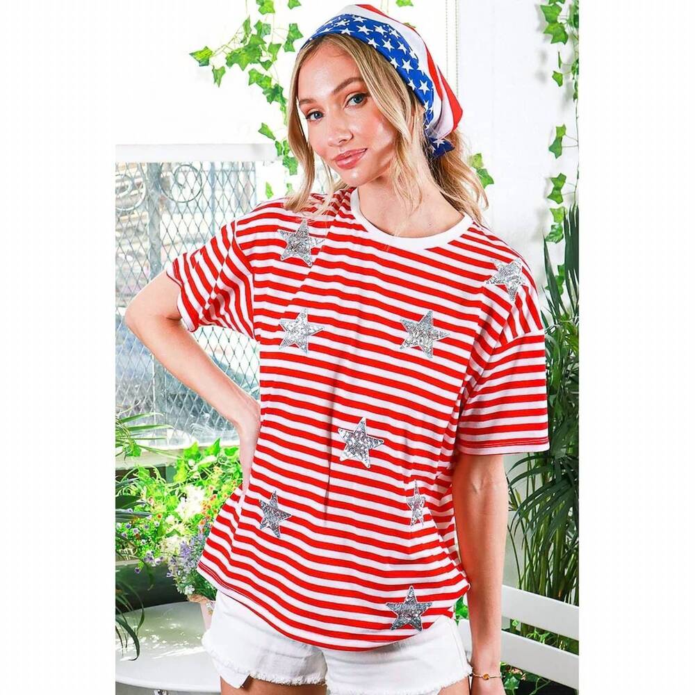 NEW VINE & LOVE sequin star stripe top in red